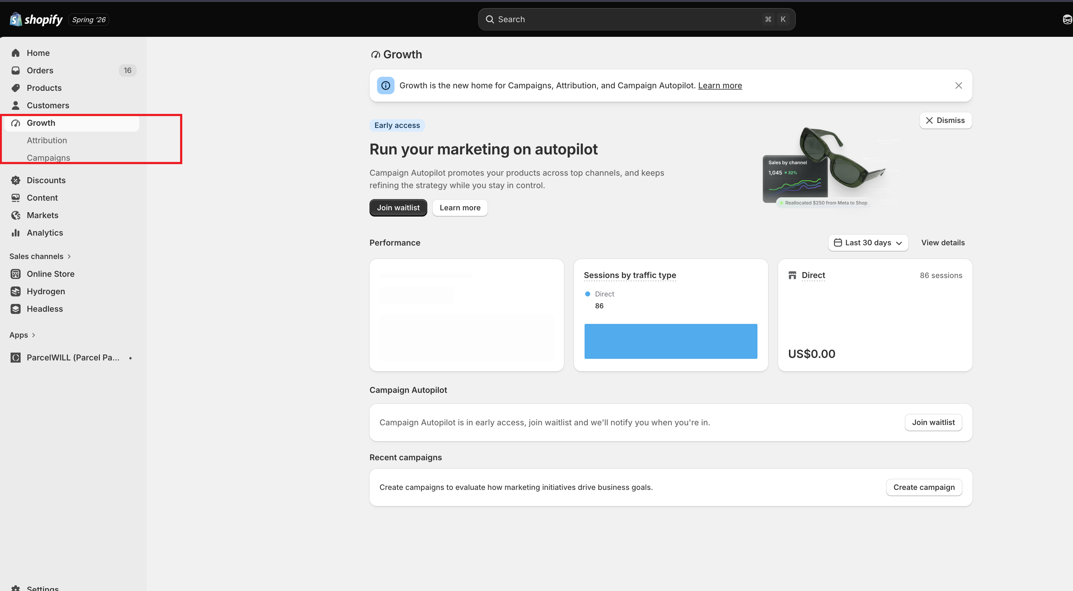 Shopify Spring '26 Growth 标签界面——Campaign、Attribution 与 Autopilot