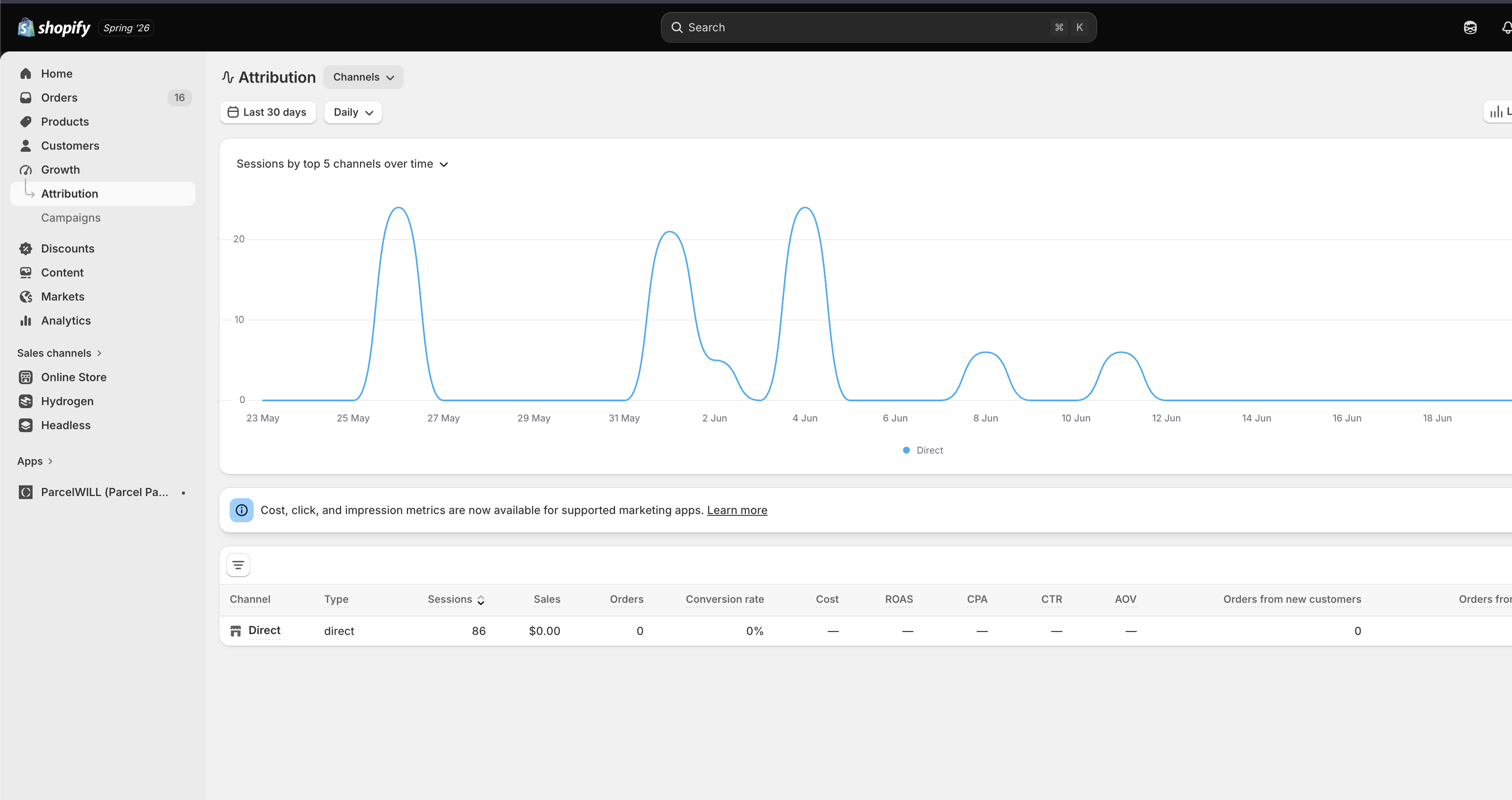 Shopify Growth Attribution 界面——订单归因数据视图
